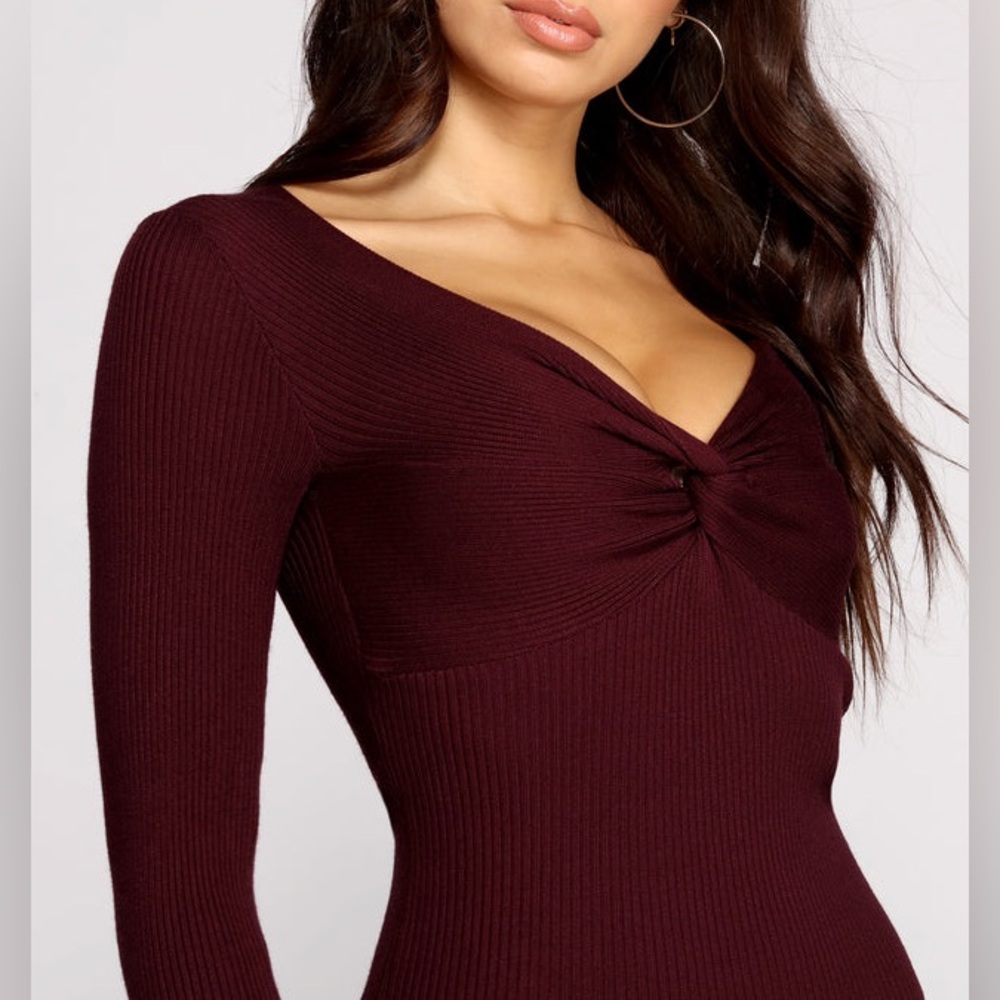Windsor Burgundy Deep Maroon Red Twist Front Ribbed Knit Mini Dress - Picture 2 of 7